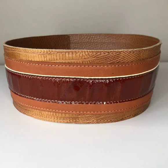 【cacharel】 BROWN LEATHER wide BELT Vintage Cacharel Brown Reptile Leather Tortoise Buckle Stud